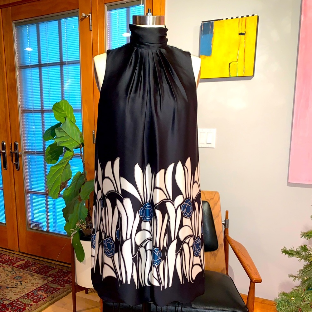 Zara Woman black crepe de chine dress with art nouveau print in medium.